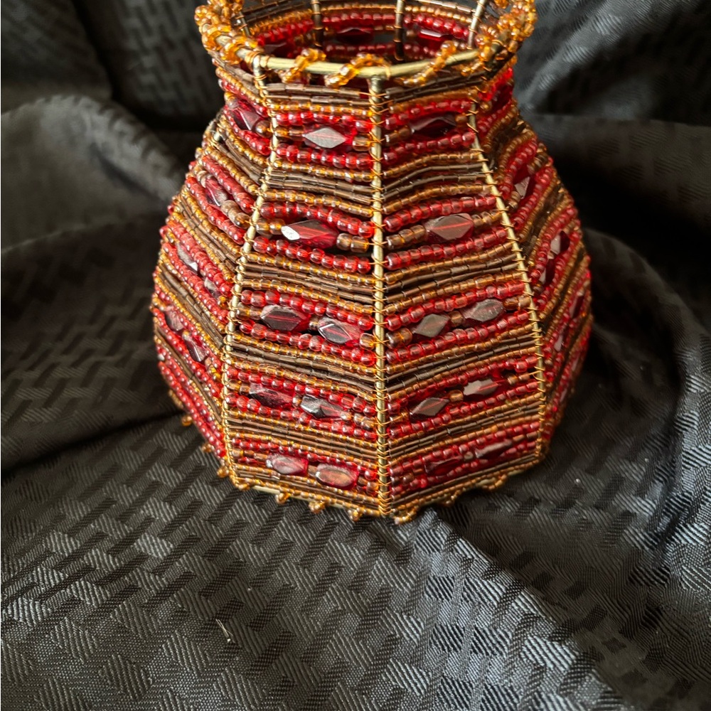 Partylite Moroccan Spice Jar Candle Shade Handcrafted Beaded Vase - Red and Gold